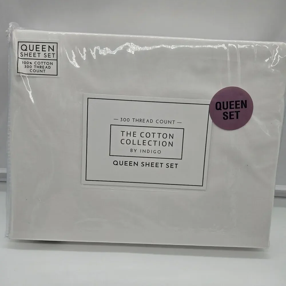 Luxury QUEEN Sheet Set By Indigo 100 Thread Ct THE COTTON COLLECTION White Crisp